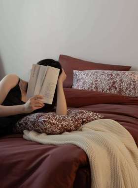 田园复古全棉纯棉贡缎六件套(素色四件套+印花枕套）