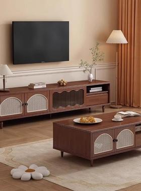 法式复古藤编实木电视柜茶几组合中古风小户型客厅靠墙地柜影视柜