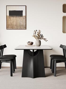 法式复古德利丰岩板餐桌家用小户型意式中古风长方形黑色实木餐桌