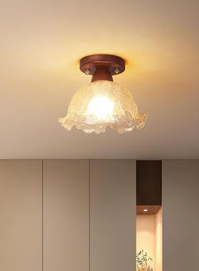 中古风走廊过道灯冰裂纹玻璃花朵实木吸顶灯法式复古玄关阳台灯具