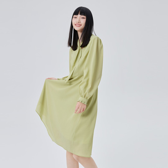 艾莱依长袖飘带连衣裙女夏季新款系带挂脖法式温柔长袖凉感A字裙