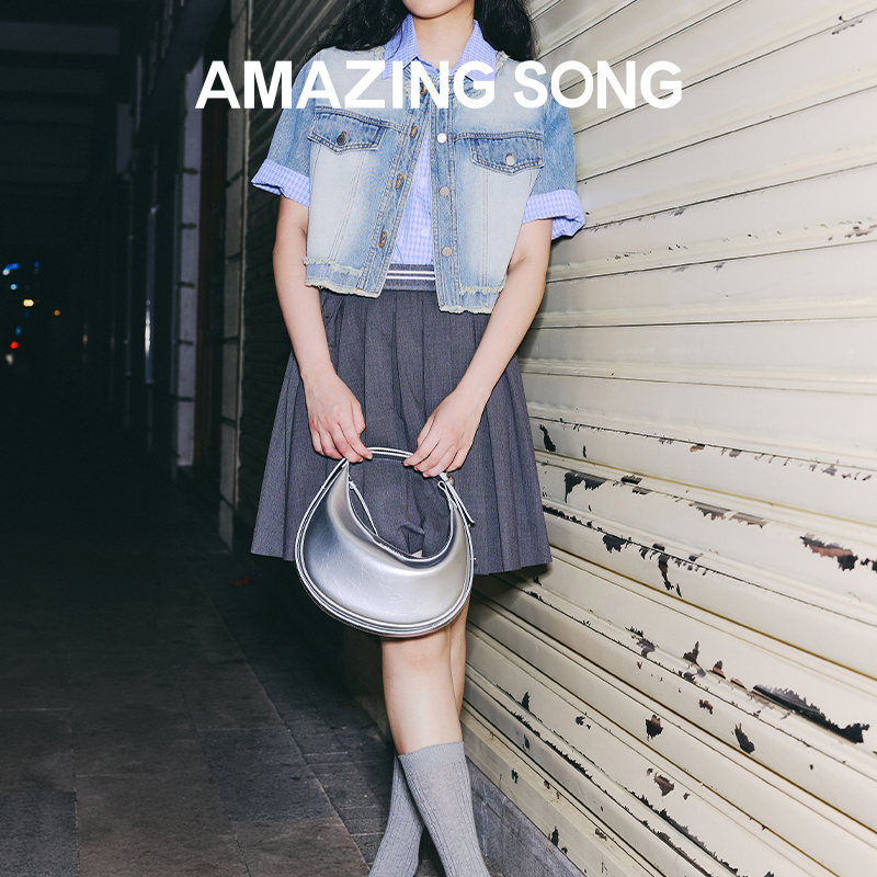 Amazing Song乙颂半月包小号新款银色时尚单肩手提斜挎月牙包包女 - 图0