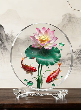 内雕荷花锦鲤水晶摆件家居客厅酒柜吉祥物乔迁开业送礼工艺摆件