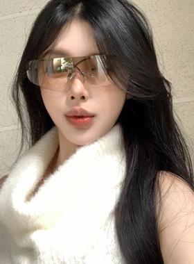 2025新款辣妹墨镜美式朋克骑行眼镜Y2K亚裔水银色高级感太阳眼镜