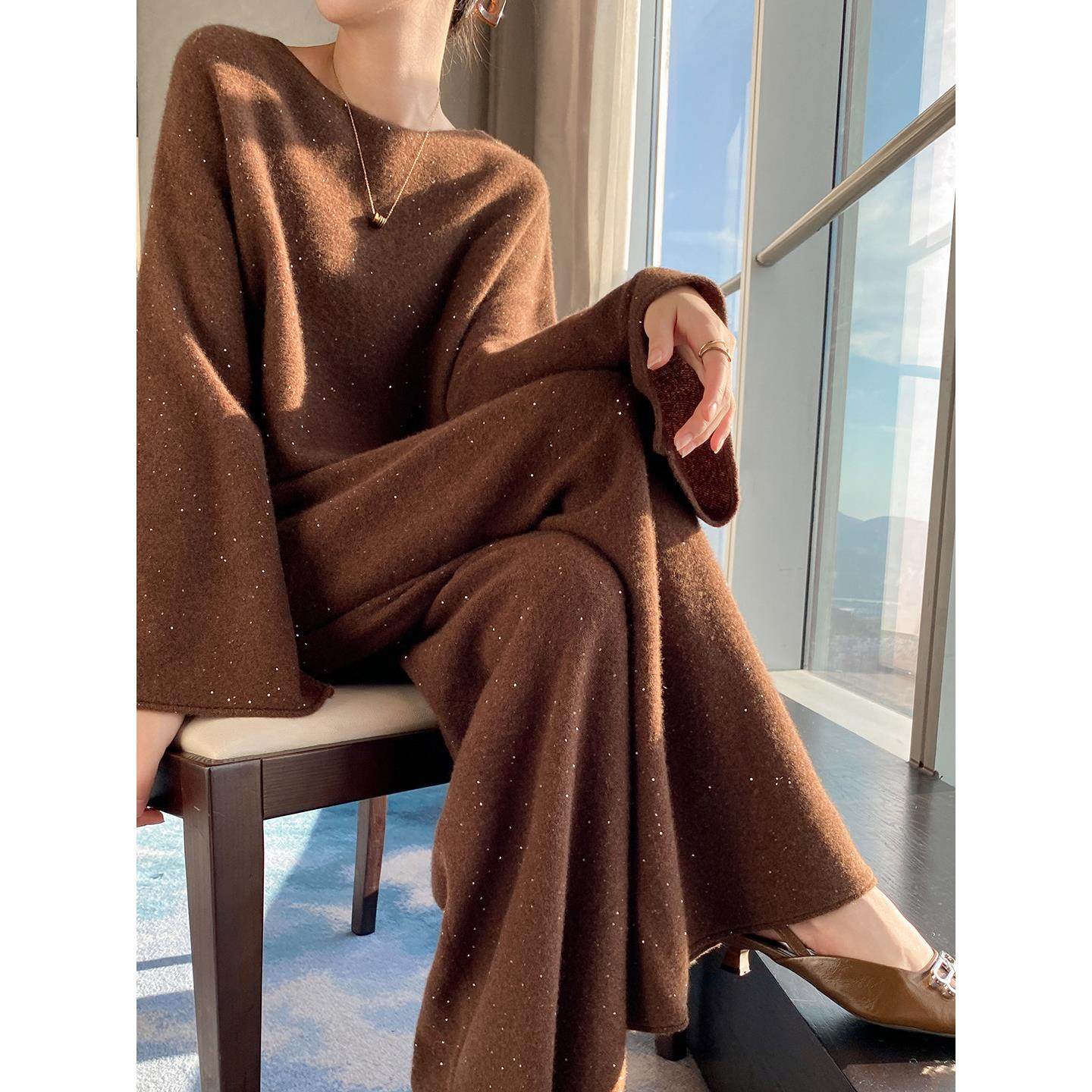 秋冬轻奢100%纯羊毛衫女圆领亮片针织毛衣宽松显瘦百搭阔腿裤套装,淘宝优惠券,粉丝福利购,淘宝优惠卷