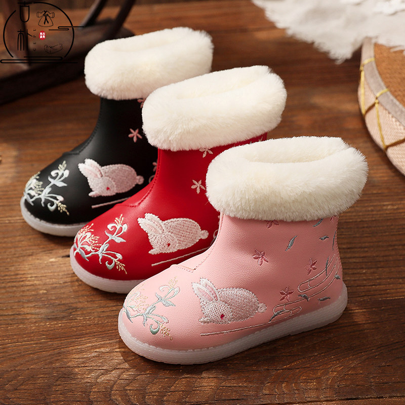 汉服鞋儿童女童冬季绣花短靴中国风古风古装皮靴子宝宝雪地