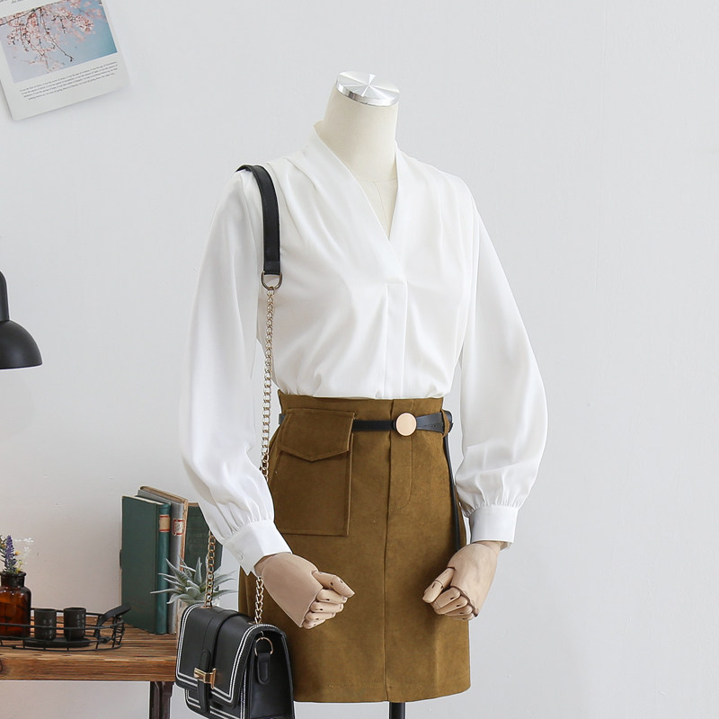 春秋新款职业v领长袖白色气质衬衫 人彩衣村衬衫