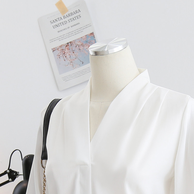 春秋新款职业v领长袖白色气质衬衫 人彩衣村衬衫