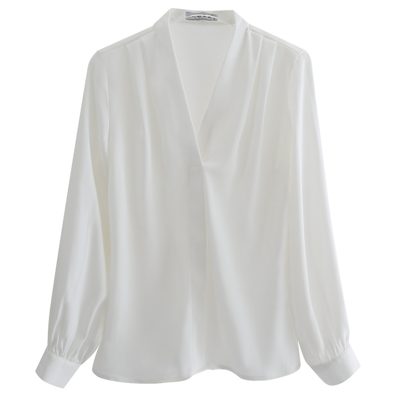 春秋新款职业v领长袖白色气质衬衫 人彩衣村衬衫