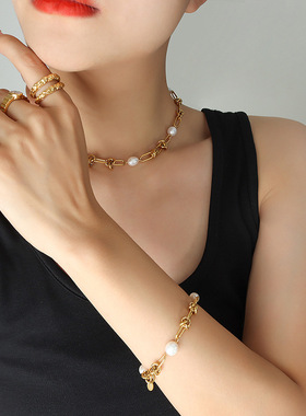 法式钛钢镀金复古优雅气质淡水珍珠扭结链条项链小众手链首饰套装