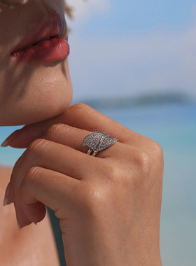 摩天轮轻奢镶满钻新生叶子戒指女