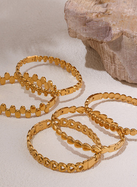 轻奢极简环形镶钻锆石手镯组合钛钢高端饰品18K金Bracelet欧美风