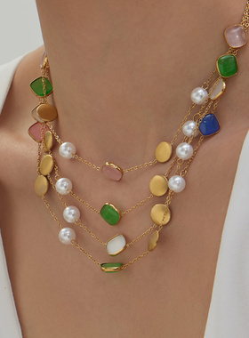 拼接糖果彩色猫眼石仿珍珠锁骨链