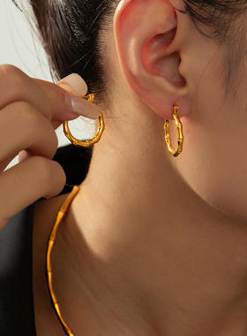 欧美跨境ins简约设计感竹节骨节百搭首饰女钛钢镀18k真金饰品套装