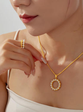 法式圆珠镶胶珠个性钛钢项链铜镀戒指首饰套装饰品圈圈高端首饰女