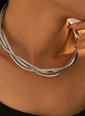 欧美风重工金色三线缠绕项圈颈链轻奢感钛钢镀18k金朋克高端项链