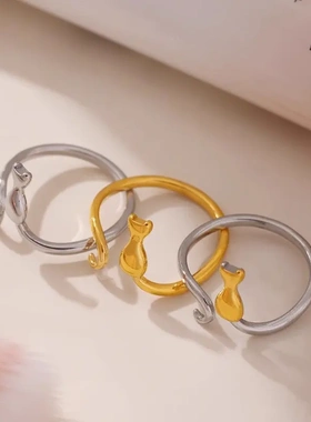 个性小猫咪开口戒指女可调节时尚喵星人食指环饰品钛钢高端尾戒