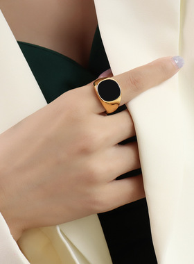 高级感黑贝壳戒指欧美风气质钛钢戒指保色夸张铸造戒指跨境