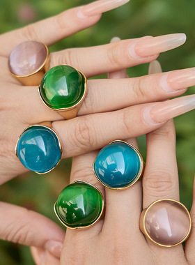 INS简约气质椭圆猫眼石戒指轻奢