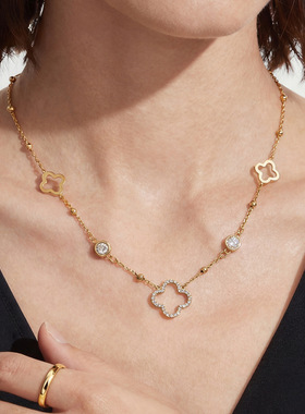 不锈钢镶锆石项链镂空四叶草设计