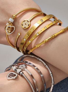 不锈钢5A锆石几何素圈竹节手镯欧