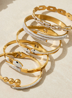 不锈钢蛇形镶嵌锆石满钻手镯多款