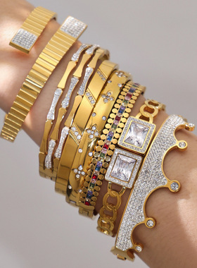 不锈钢皇冠锆石手镯镀18k金ins欧