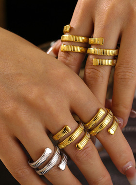 欧美新款几何缠绕螺纹指环钛钢镀