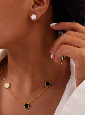 韩式简约休闲风饰品花朵造型镶嵌白海贝亚克力设计感钛钢首饰套装