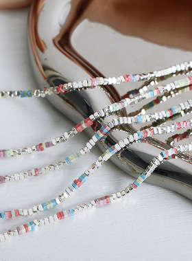 韩系清新淡雅时尚饰品多彩天然石方块手工串珠设计钛钢镀金项链