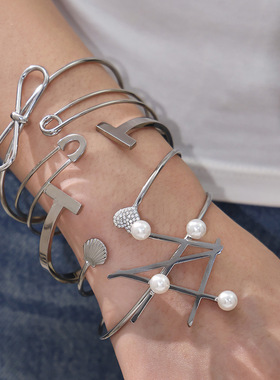 仿珍珠几何手环不锈钢镀金18k金