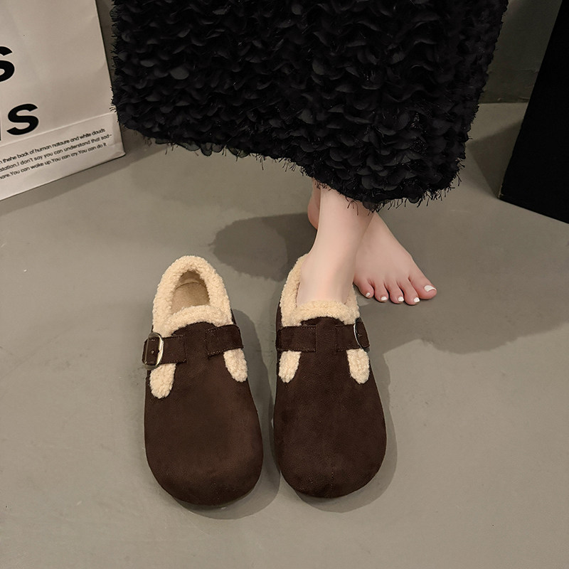 深咖色加绒勃肯鞋女冬季2025新款保暖豆豆毛毛鞋一脚蹬雪地棉鞋子,淘宝优惠券,粉丝福利购,淘宝优惠卷