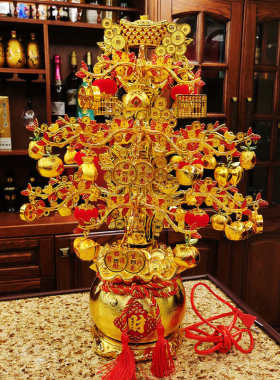 新款聚宝盆摇钱树带音乐旋转元宝摆件LED发财树乔迁开业春节礼品