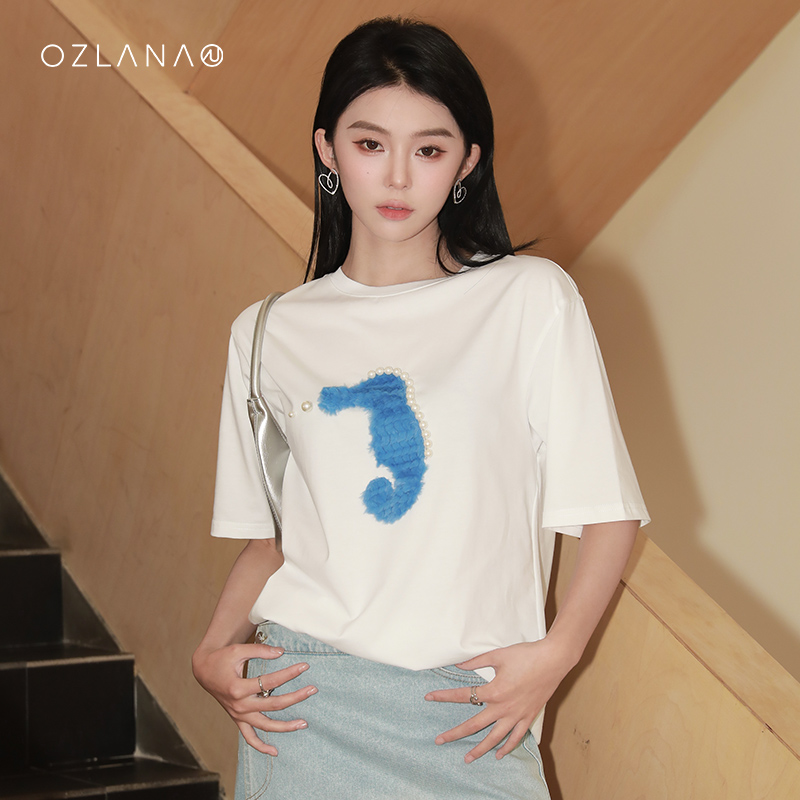 OZLANA纯棉T恤女夏新款短袖毛绒卡通贴章休闲宽松显瘦正肩上衣 - 图2