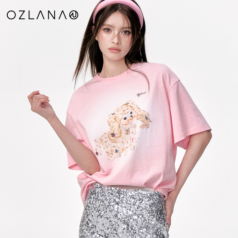 OZLANA印花纯棉T恤女夏季2024新品猫咪印花简约设计百搭休闲短袖