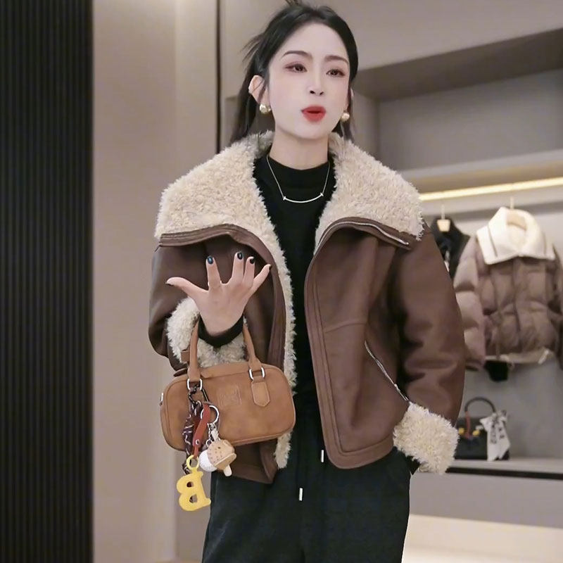 仿PU皮毛一体羊羔毛短外套女秋冬小个子新款加绒加厚皮夹克机车服,淘宝优惠券,粉丝福利购,淘宝优惠卷