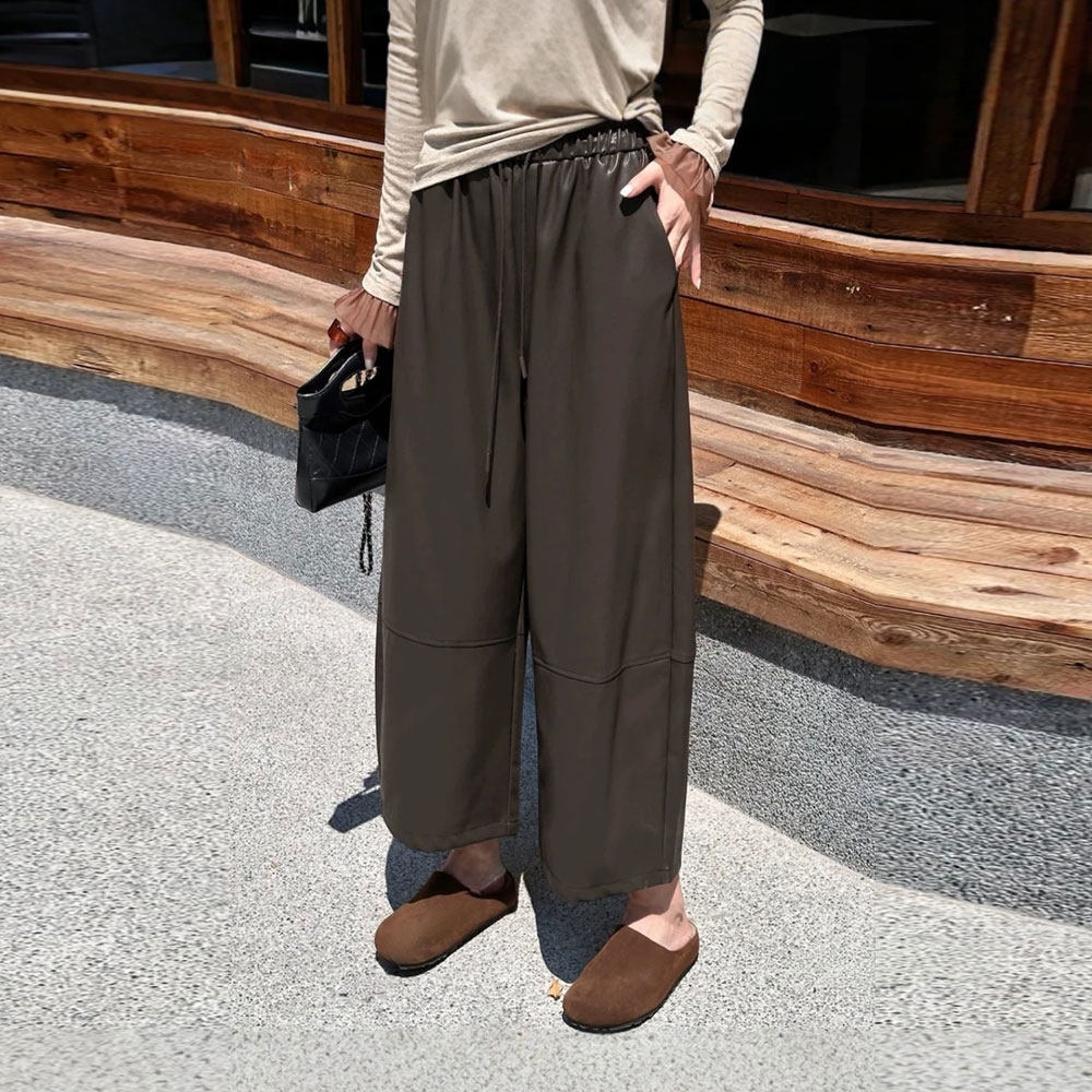 欧货时尚休闲收绳皮裤女2026秋冬款胖MM蛋白皮九分裤休闲直筒裤潮,淘宝优惠券,粉丝福利购,淘宝优惠卷