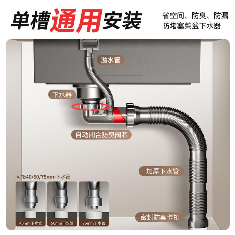 欧顺诺新款厨房下水管洗菜盆防臭下水器单槽接净水器三通套装组合,淘宝优惠券,粉丝福利购,淘宝优惠卷
