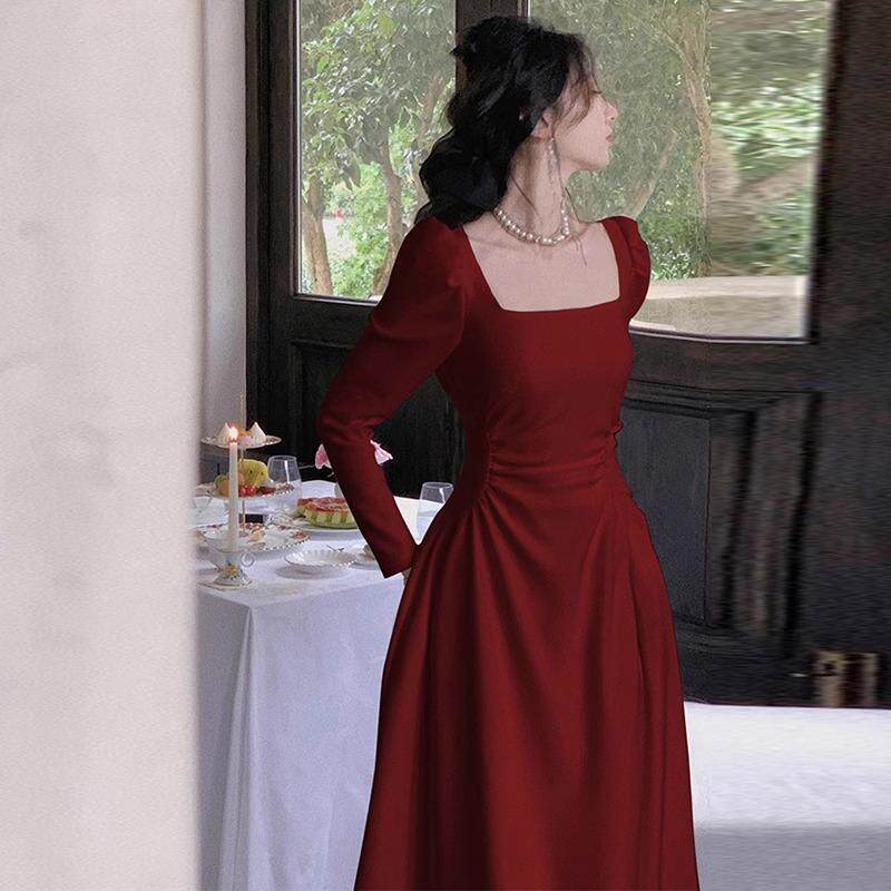 大码女装法式气质酒红色生日礼服高级感敬酒服平时可穿长袖连衣裙,淘宝优惠券,粉丝福利购,淘宝优惠卷