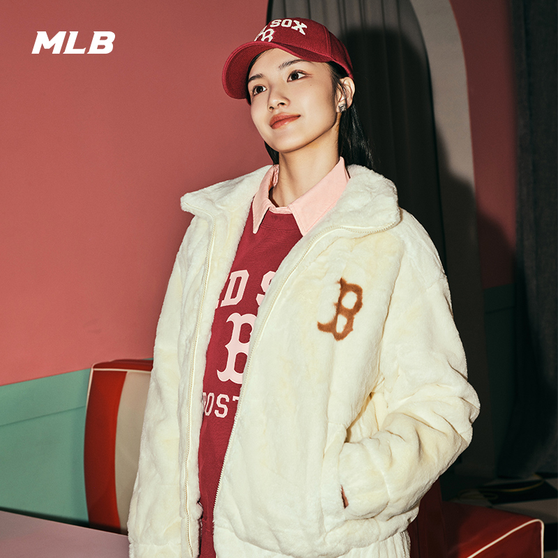 MLB官方男女情侣撞色logo学院风仿羊羔绒夹克外套冬季新款FDV02 - 图3