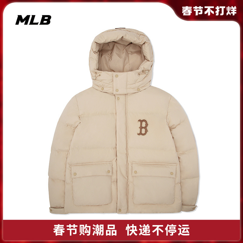 爱打扮(www.idaban.cn)，MLB官方 男女纯色连帽羽绒服休闲保暖外套大口袋22秋冬新款DJEC4