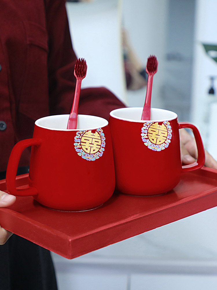 结婚洗漱杯家用红色陶瓷喜杯子高颜值情侣刷牙漱口杯一对新婚陪嫁
