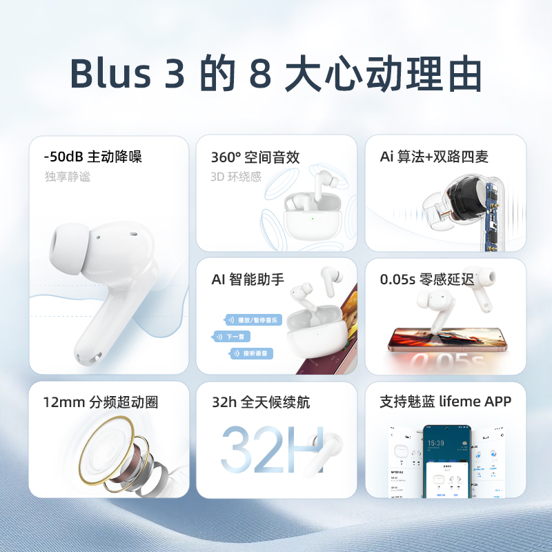 魅蓝 lifeme blus 3 真无线主动降噪入耳式蓝牙耳机2024新款通用 - 图0