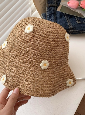 防晒度假草帽女夏季海边花朵草编渔夫帽镂空透气遮阳防晒水桶帽子