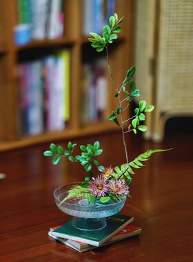 透明玻璃高脚花器日式风格插花盘 茶桌用简约花瓶甜点果盘