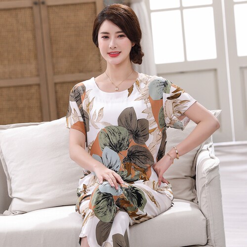 中老年夏季绵绸短袖睡衣女大码可外穿妈妈装棉绸套装家居服人造棉 - 图1