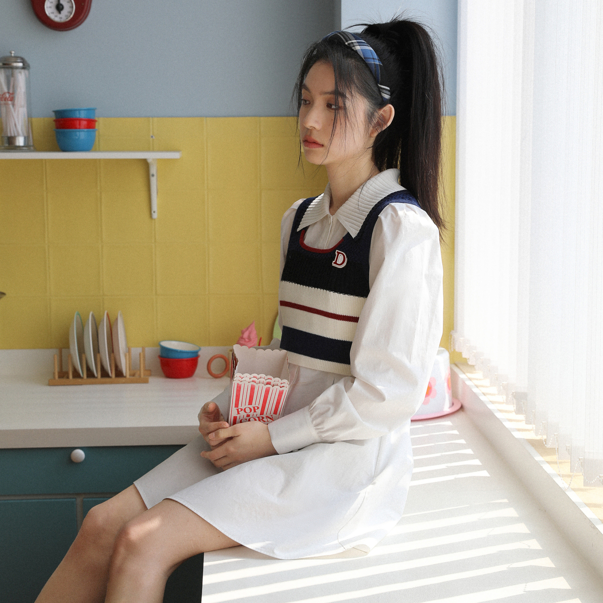 乐町春秋长袖白色衬衫领收腰针织学院风衬衫连衣裙套装少女条纹