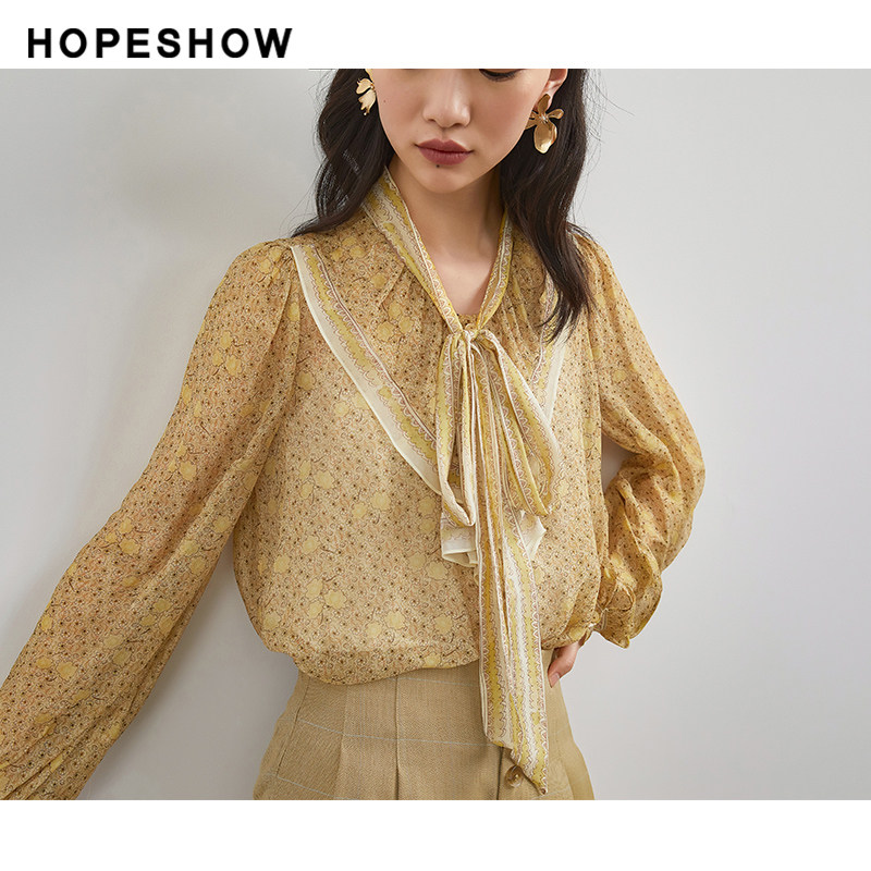 红袖outlets印花蝴蝶结秋新款衬衫 红袖outlets店蕾丝衫/雪纺衫