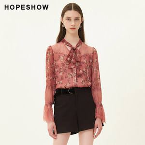 hopeshow碎花雪纺衫女红袖2019秋装新款蕾丝超仙气质chic衬衫上衣