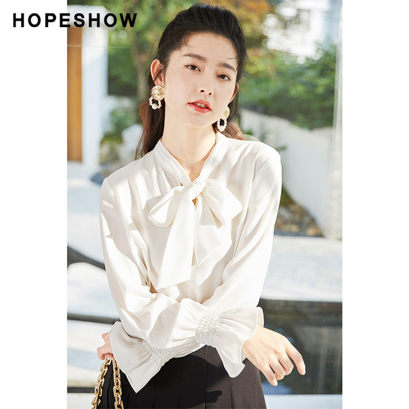 红袖outlets蝴蝶结喇叭袖秋白衬衫 红袖outlets店衬衫